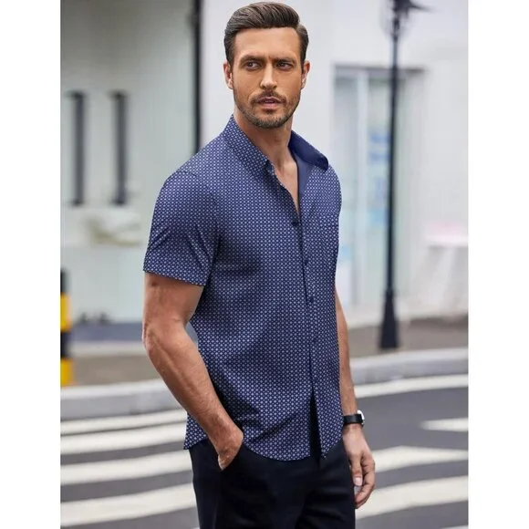 Blue square Men Short Sleeve Button Down Wrinkle Free Polka Dot Print Shirt